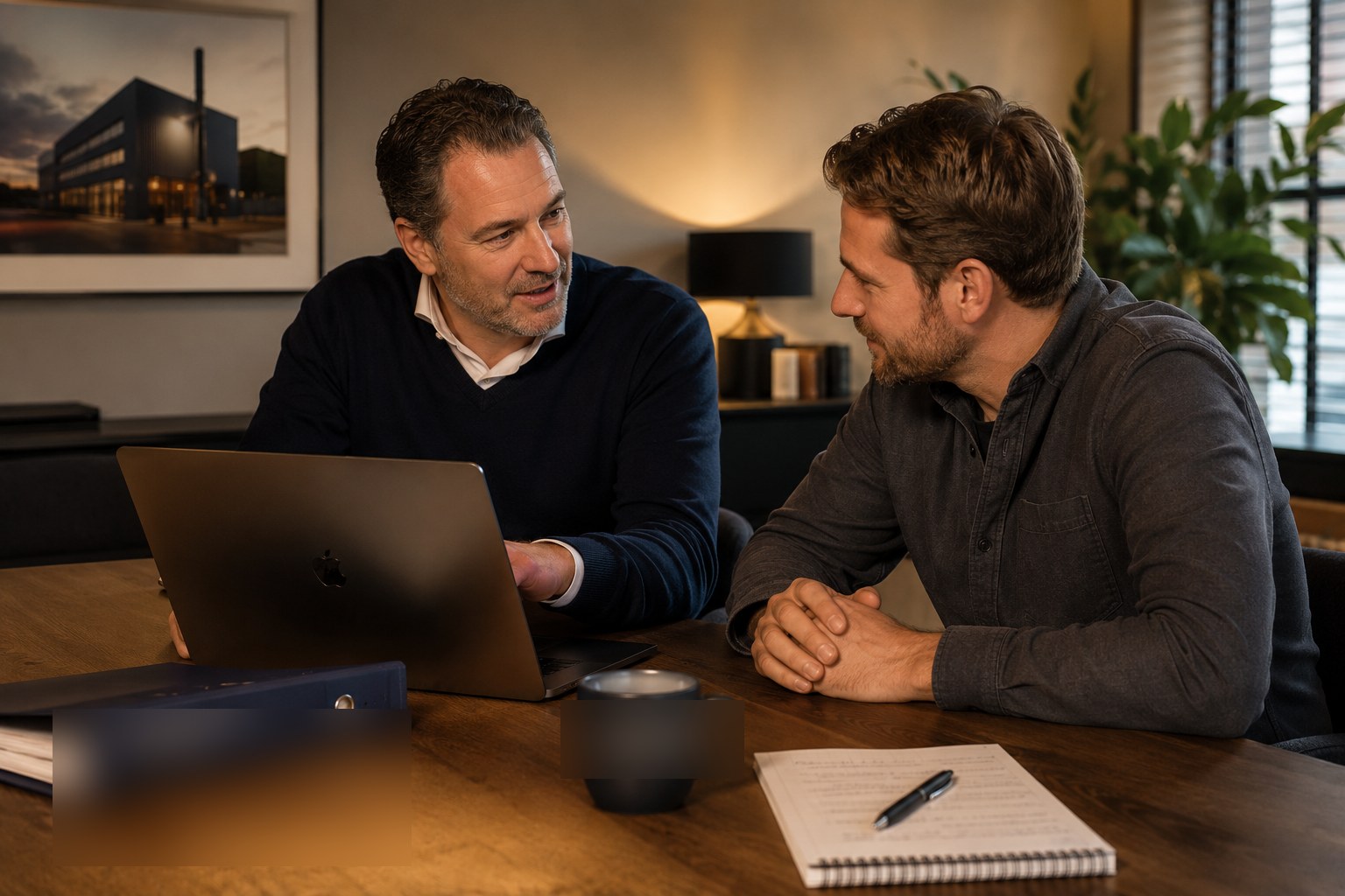 Adviseur en ondernemer aan tafel, laptop open, dossier ernaast, warm binnenlicht