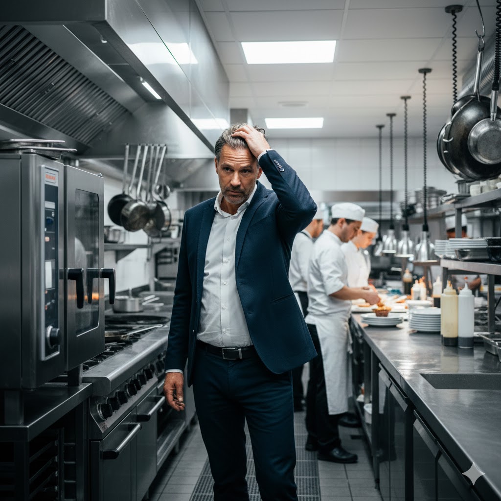 MKB-ondernemer in professionele keuken, hand op hoofd, staff op de achtergrond aan het werk