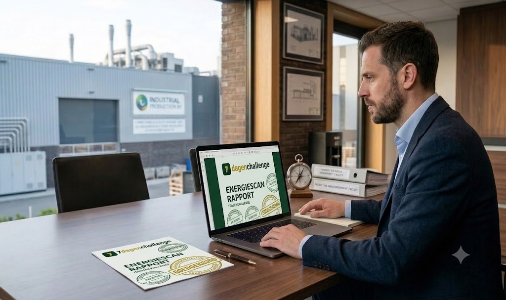 Ondernemer aan bureau werkt aan 7-Dagen Challenge energiescan-rapport op laptop, met geprint exemplaar op tafel, industrieel gebouw zichtbaar door raam
