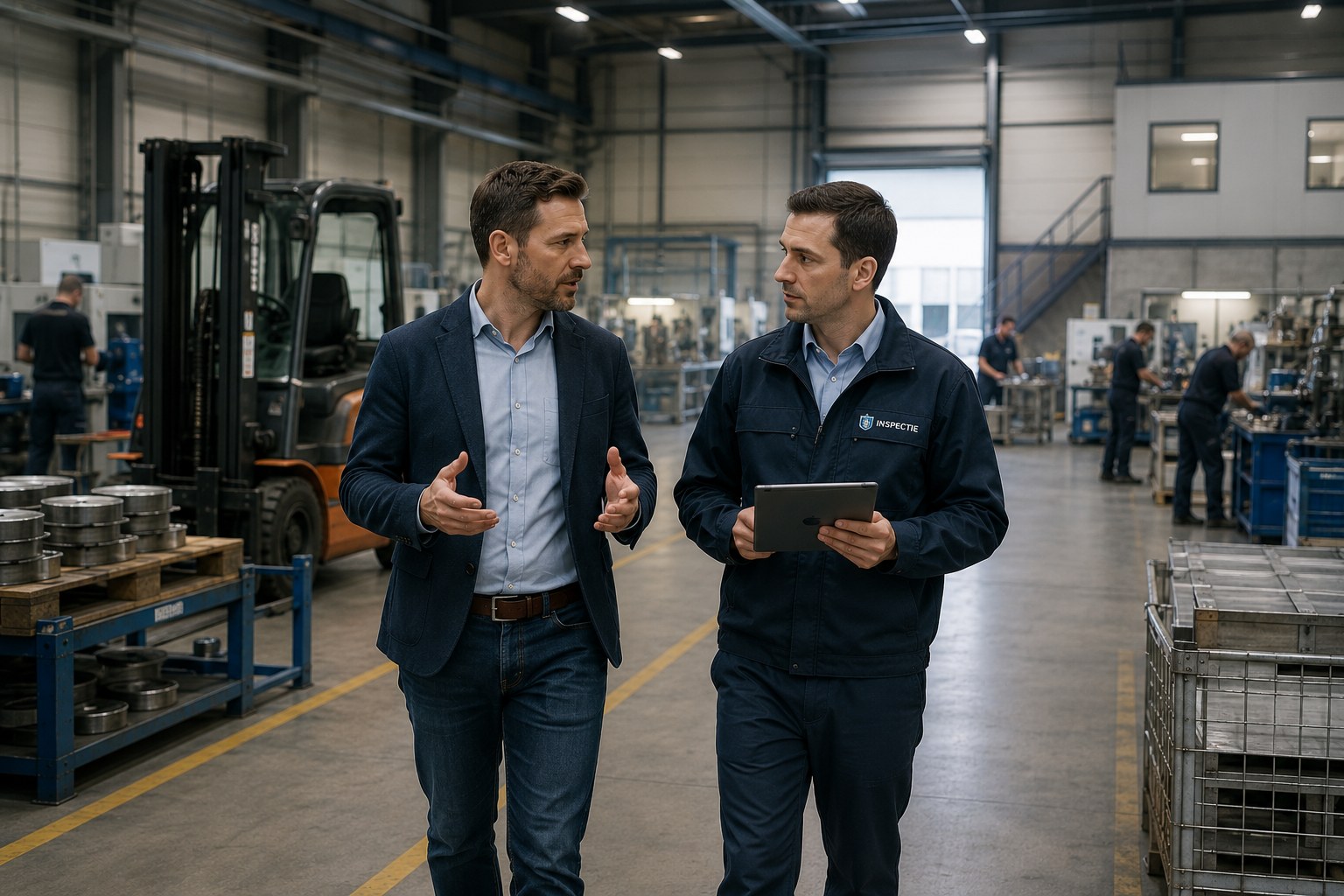 Ondernemer in gesprek met inspecteur in een productiehal, medewerkers en installaties op de achtergrond